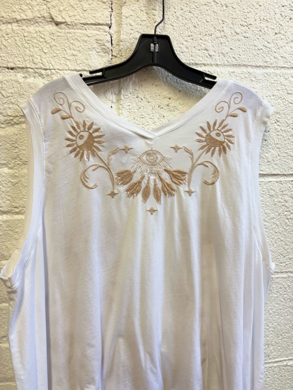 Johnny Was White V-Neck Drape Tank with Tan Floral Embroidery - Picture 7 of 7